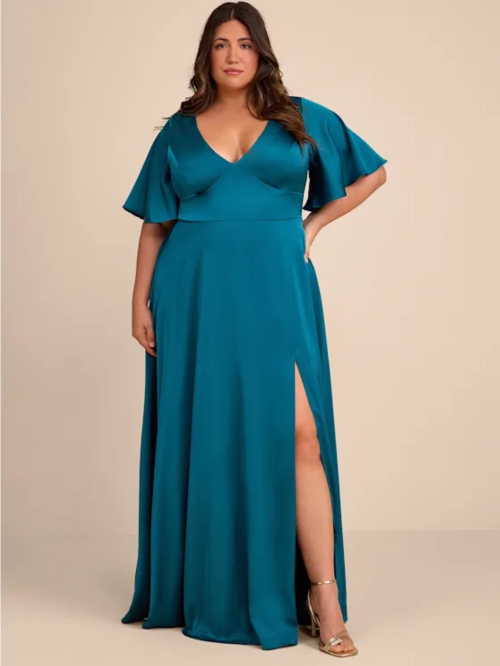 Lulus Elegant Confidence Teal Satin Flutter Sleeve Cutout Maxi Dress